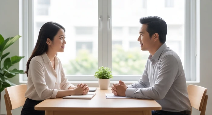 Hai đồng nghiệp ngồi đàm thoại điềm đĩnh bên bàn trà phản ánh sự thấu hiểu và xoa dịu xung đột