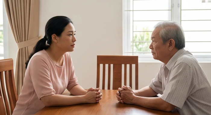 Người con chăm chú lắng nghe và gật đầu chia sẻ với bố mẹ tuổi Nhâm Thìn trong cuộc trò chuyện ôn hòa tại gia đình