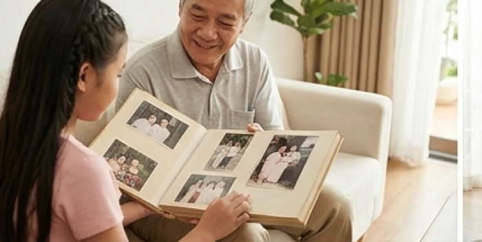 Cháu gái cùng ông bà xem lại album ảnh kỷ niệm gia đình thể hiện sự trân trọng những câu chuyện thời trẻ