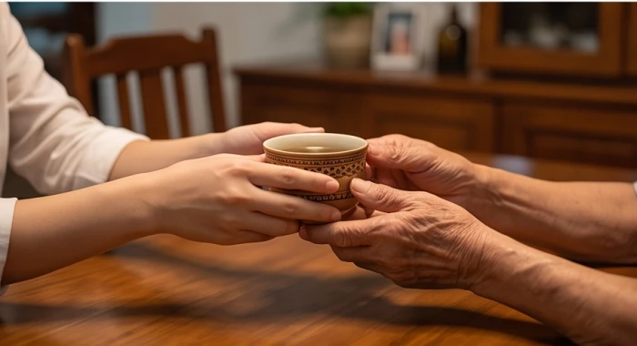 Người con cẩn thận rót một ly nước ấm mời cha mẹ lớn tuổi để làm dịu bầu không khí căng thẳng