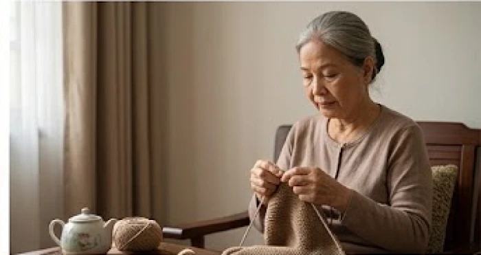 Người phụ nữ lớn tuổi ngồi lặng lẽ đan len với nét mặt suy tư phản ánh áp lực tâm lý được che giấu kín đáo
