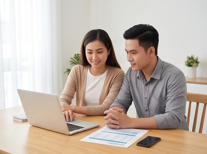 Vợ chồng cùng xem xét bảng cân đối thu chi hàng tháng trên máy tính cá nhân để kiểm soát tỷ lệ trả góp mua nhà