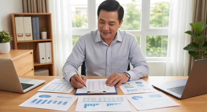 Doanh nhân Nhâm Tuất rà soát sổ sách tài chính và kế hoạch kinh doanh tại văn phòng sáng sủa