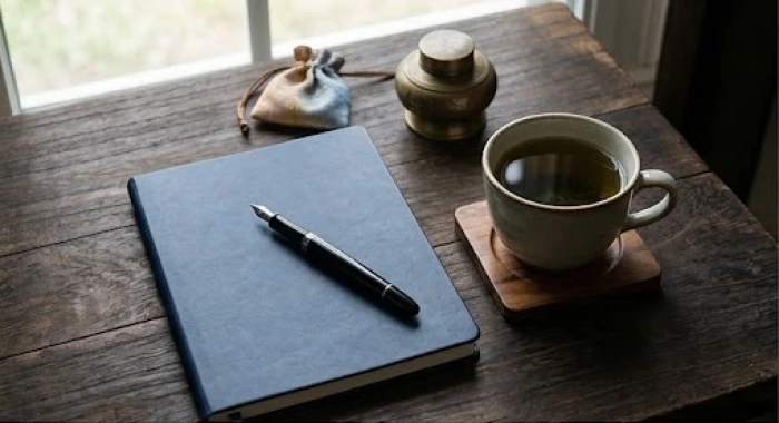 Cuốn sổ tay lập kế hoạch và bút máy đặt cạnh tách trà xanh trên bàn làm việc