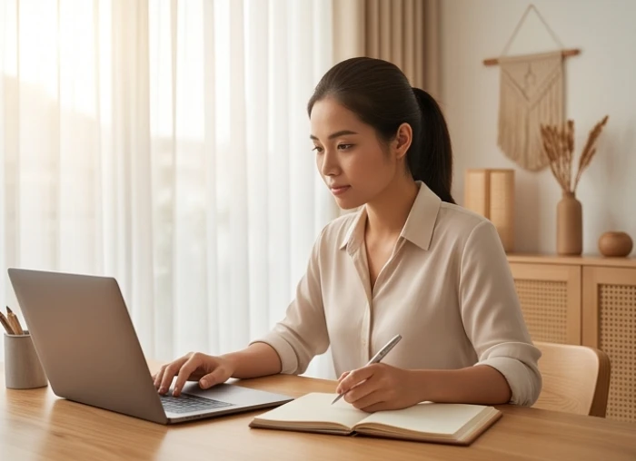 Nữ doanh nhân tuổi Mậu Thìn làm việc tập trung bên bàn làm việc gỗ với sự độc lập và bản lĩnh mạnh mẽ