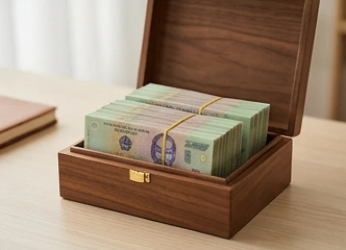 Những xấp tiền tiết kiệm được sắp xếp gọn gàng trong hộp gỗ an toàn biểu tượng cho quỹ dự phòng tài chính