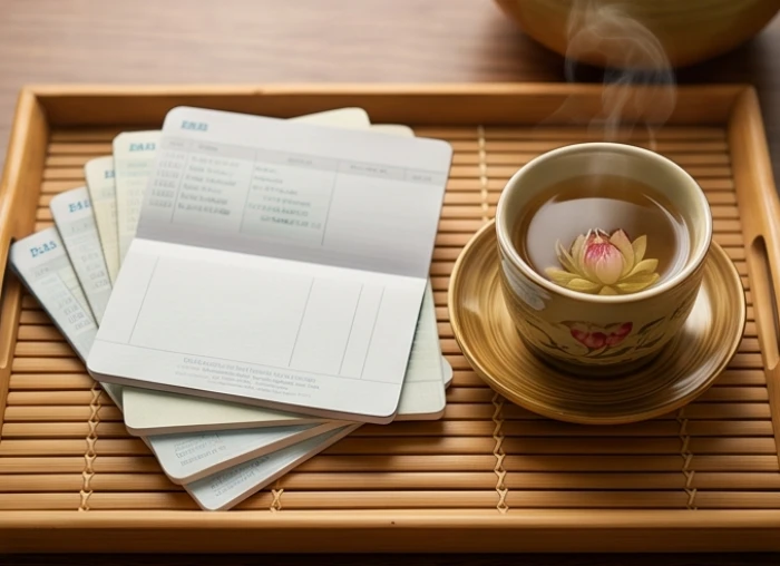 Những cuốn sổ tiết kiệm ngân hàng được xếp ngay ngắn bên cạnh tách trà sen nóng