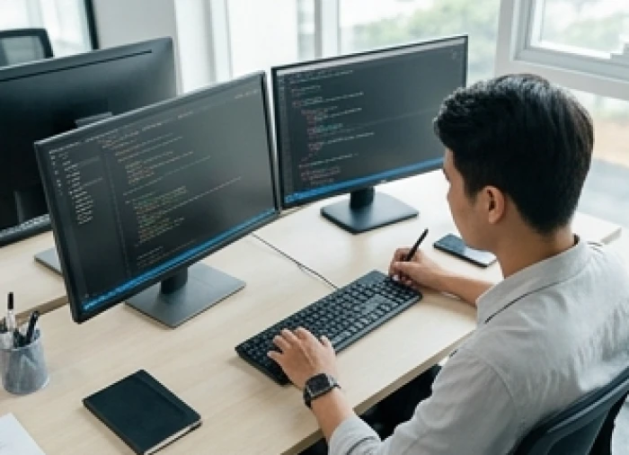 Kỹ sư phần mềm trẻ đang kiểm tra mã nguồn trên màn hình máy tính trong chu kỳ phát triển dự án