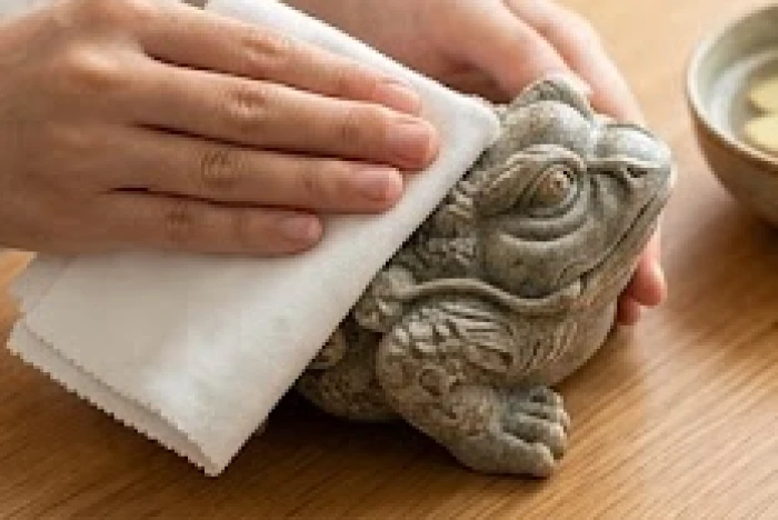Đôi bàn tay dùng chiếc khăn mềm ẩm nhẹ nhàng lau chùi bụi bẩn trên lưng linh vật thiềm thừ