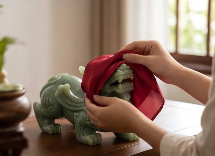 Bàn tay cầm khăn lụa đỏ chấm lau nhẹ vào mắt trái và mắt phải của tượng tỳ hưu ngọc trong phòng yên tĩnh