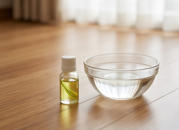 Lọ tinh dầu sả chanh tự nhiên bên chậu nước ấm sạch dùng để lau dọn nhà cửa điều hòa sinh khí