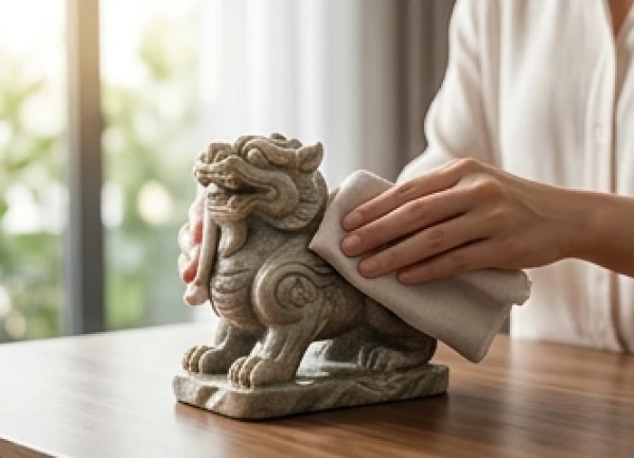 Đôi tay dùng khăn vải mềm thấm nước rượu gừng lau chùi tỉ mỉ các chi tiết chạm trổ trên linh vật phong thủy