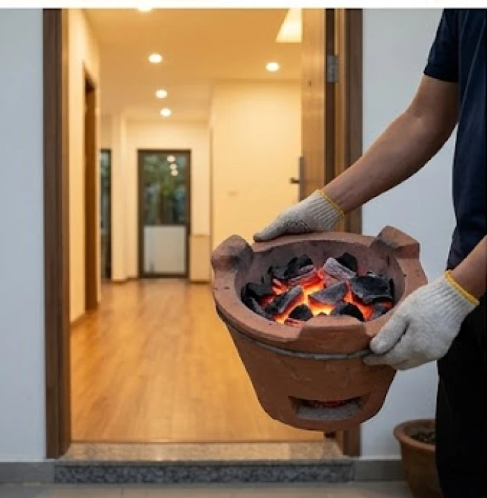 Bếp lửa đang cháy và các vật phẩm cát tường được gia chủ tự tay mang vào nhà mới trong ngày lễ chuộc nhà