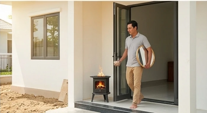Người đại diện mượn tuổi bước vào cửa chính ngôi nhà mới mang theo chiếc gương tròn và bếp ấm đang cháy