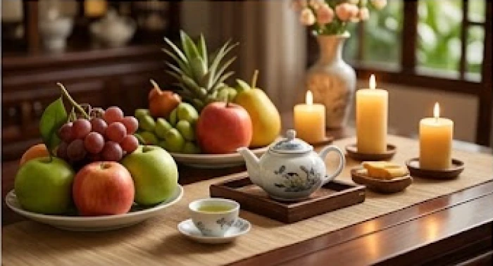 Mâm lễ vật trang nhã gồm hoa quả tươi trà thơm và ngọn nến sáng chuẩn bị cho nghi thức cầu an bình yên trong gia đình