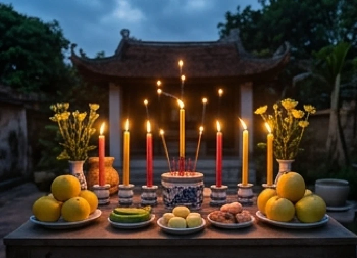 Bàn thờ ngoài trời chuẩn bị sẵn bảy ngọn nến được sắp xếp theo sơ đồ hình sao Thái Âm hướng về phía chính Tây