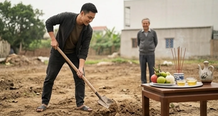 Người thanh niên trẻ tuổi thực hiện nghi thức cuốc đất động thổ thay cho người lớn tuổi để đảm bảo sự yên tĩnh trong gia đạo