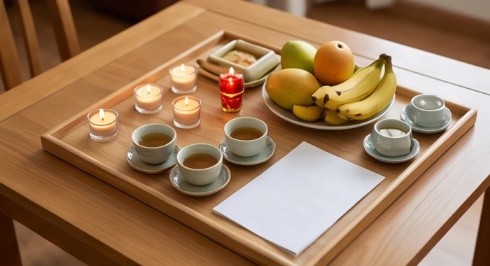 Mâm cúng giải hạn sao Thái Bạch chay tịnh chuẩn bị chỉn chu với bài vị giấy trắng cùng nến và trà quả