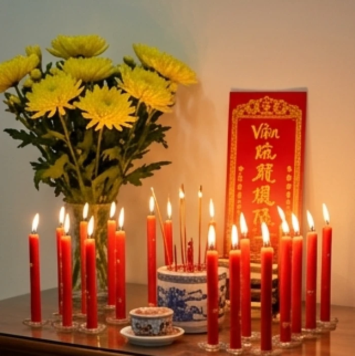 Mâm lễ cúng sao Vân Hớn với mười lăm ngọn nến đỏ và bài vị dâng sao giải hạn cho nam mạng Giáp Thân