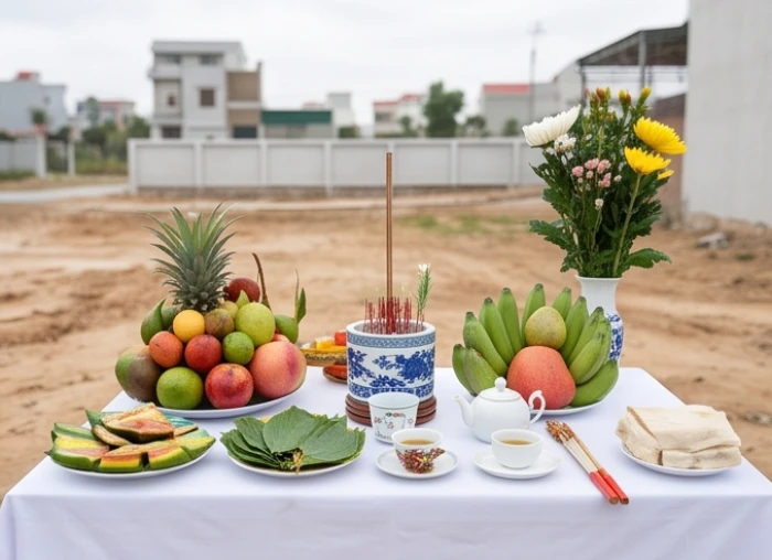Mâm lễ cúng động thổ khởi công xây dựng công trình nhà ở chuẩn phong thủy với trầu cau và hoa tươi