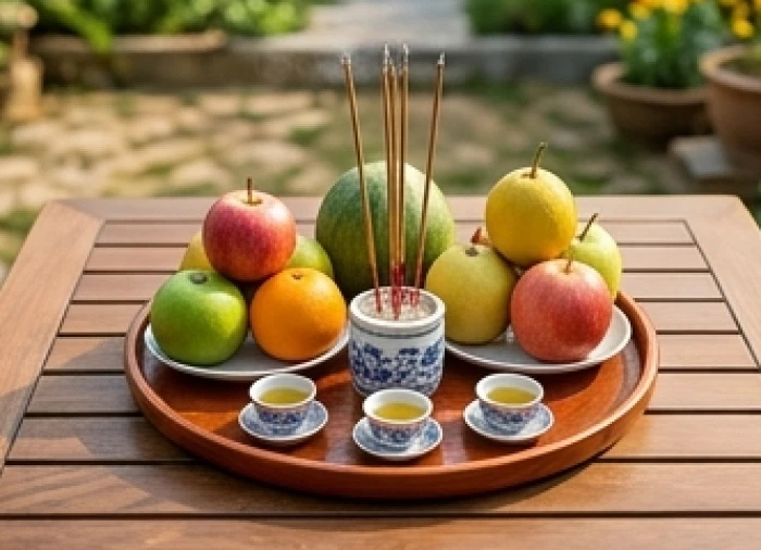 Mâm cúng động thổ được chuẩn bị chu đáo để làm lễ mượn tuổi xây nhà cho gia chủ tuổi canh ngọ 1990