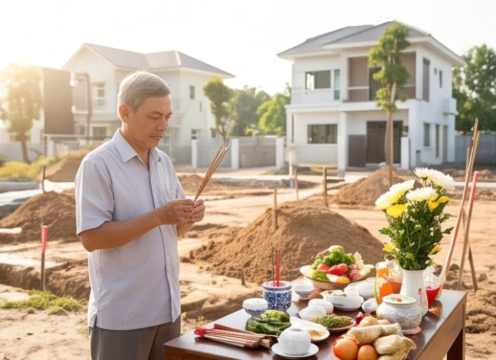 Nghi lễ dâng hương và xúc đất động thổ xây nhà do người được mượn tuổi thực hiện chuẩn phong thủy