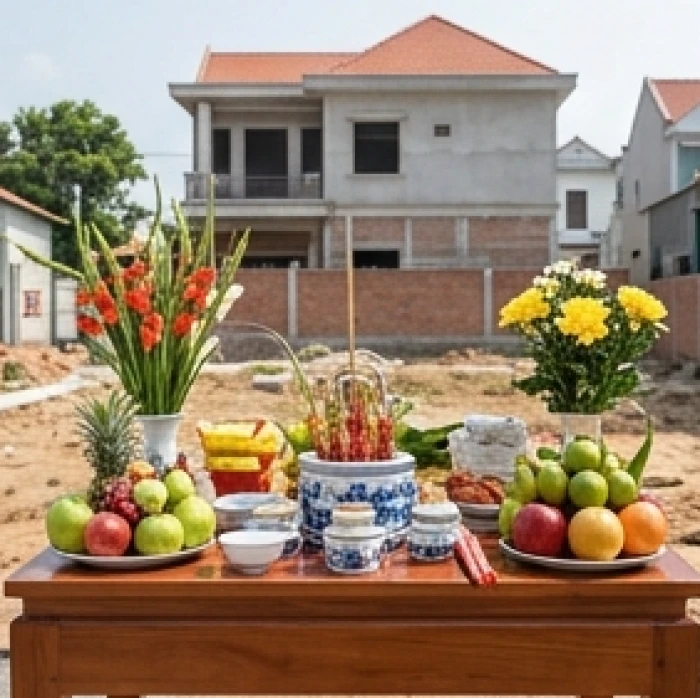 Mâm cúng động thổ được chuẩn bị tươm tất trong nghi lễ khởi công xây nhà giúp gia đạo an tâm