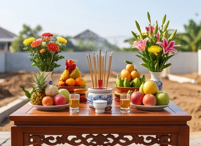 Nghi thức dâng hương làm lễ trình báo Thổ Thần trước khi tiến hành động thổ xây dựng công trình