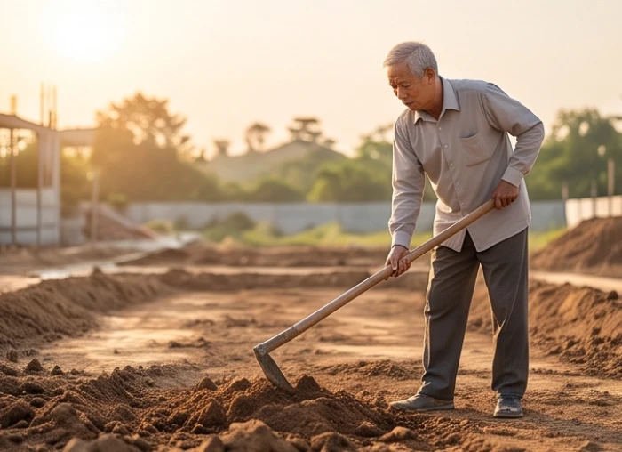 Người đàn ông lớn tuổi đang cầm cuốc thực hiện nghi thức động thổ trên nền đất đã dọn sạch sẽ