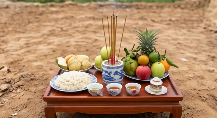 Khay lễ vật tươm tất gồm xôi chè và trái cây tươi được đặt tại khu đất chuẩn bị tiến hành động thổ
