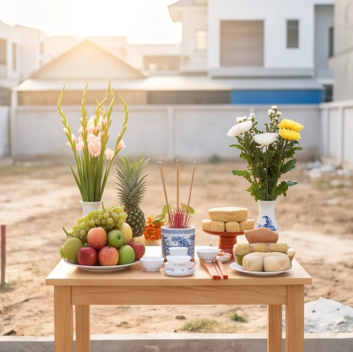 Nghi thức động thổ xây nhà khang trang với mâm lễ vật tươm tất chuẩn bị cho công trình mới của gia chủ
