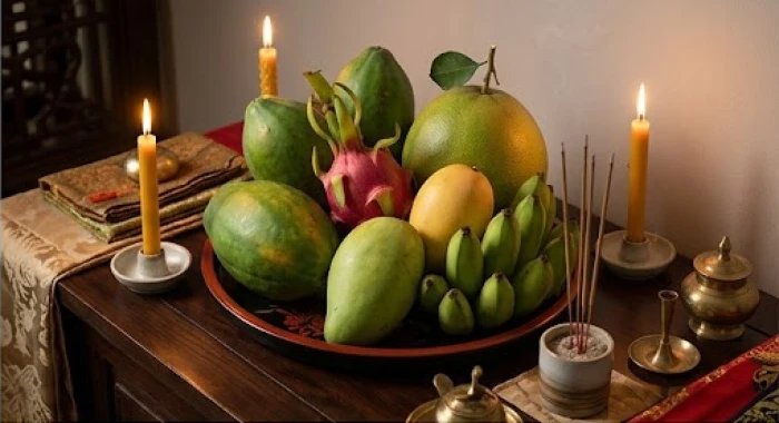 Mâm cúng động thổ xây nhà được chuẩn bị tươm tất với hoa quả và nến nhang