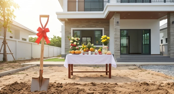 Người nam giới được mượn tuổi tiến hành nghi thức động thổ khởi công trên khu đất xây dựng ngôi nhà mới