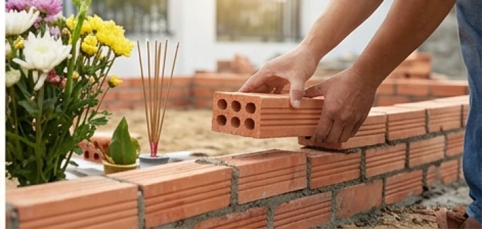 Nghi thức đặt viên gạch đầu tiên động thổ xây dựng được thực hiện cẩn trọng trong buổi sáng nắng đẹp
