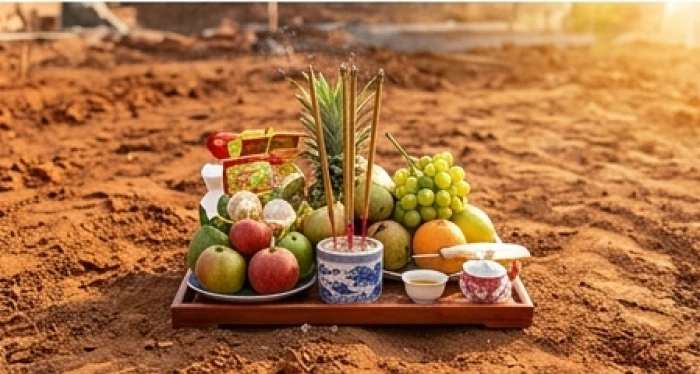 Mâm cúng lễ động thổ được chuẩn bị tươm tất trên khu đất chuẩn bị khởi công