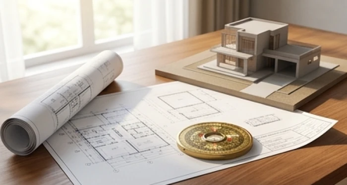 Bản vẽ thiết kế thi công cùng la bàn đo tọa độ chuẩn bị cho công tác động thổ xây nhà năm 2026