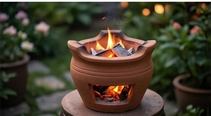 Lò hóa vàng mã bằng đất nung đang rực lửa bên trong một góc sân vườn truyền thống tĩnh lặng