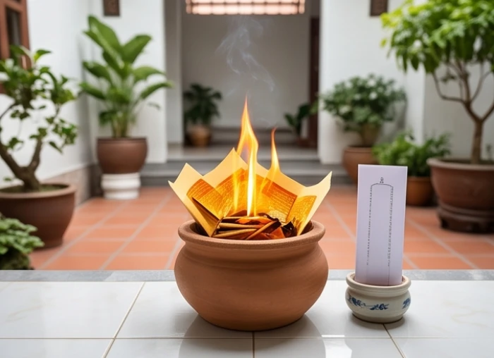 Đĩa xôi và lễ vật hóa vàng mã chuẩn bị hoàn tất sau khi cúng sao giải hạn