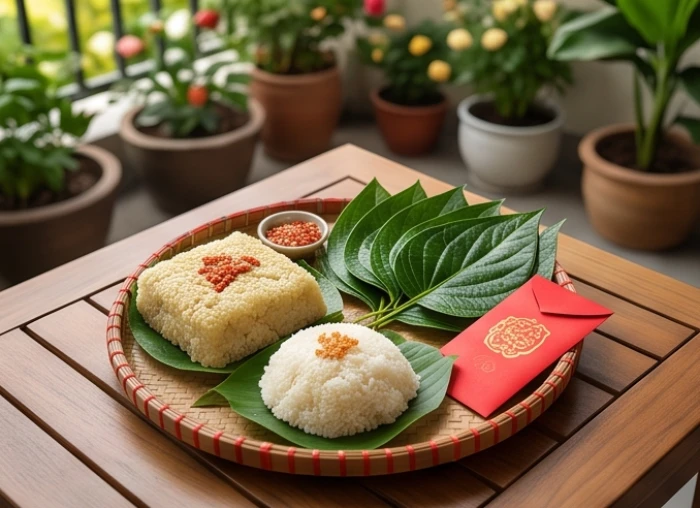 Mâm cúng động thổ tươm tất với đĩa xôi gấc và trầu cau đặt trên nền đất chuẩn bị xây dựng
