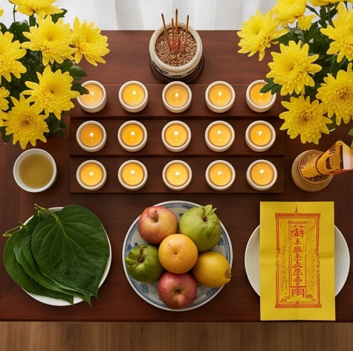 Mâm lễ cúng sao la hầu chiếu mệnh gồm bài vị màu vàng, 9 ngọn nến, hoa cúc tươi và đĩa trái cây ngũ quả trang nghiêm