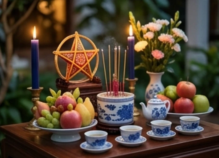 Mâm cúng giải sao Thủy Diệu trang nghiêm bày biện nến xanh quả tươi và ly nước trên bàn lễ ngoài trời