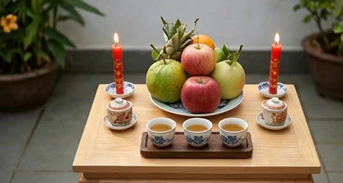 Mâm ngũ quả tươi sạch cùng hương nến đỏ được sắp xếp tươm tất trên bàn thờ ngoài trời hướng Tây Nam