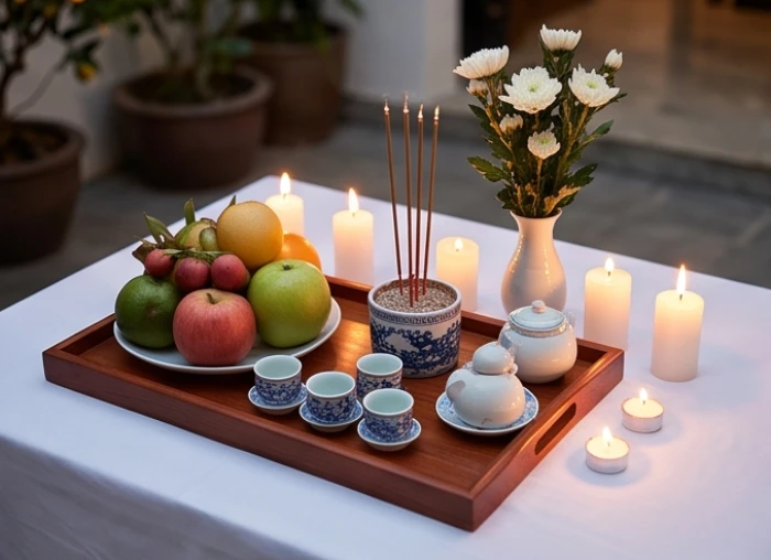 Mâm lễ cúng sao giải hạn đúng chuẩn truyền thống với nến, hoa tươi và bài vị trang nghiêm ngoài trời