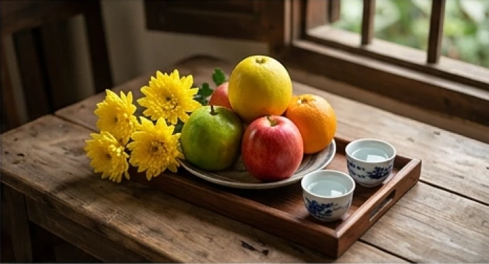 Mâm trái cây ngũ sắc và hoa tươi cúng sao giải hạn đặt trên chiếc bàn gỗ