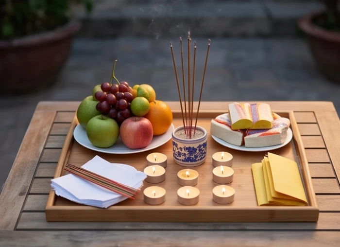 Mâm lễ vật đơn giản gồm hương quả nến và bài vị chuẩn bị cho nghi thức cúng sao