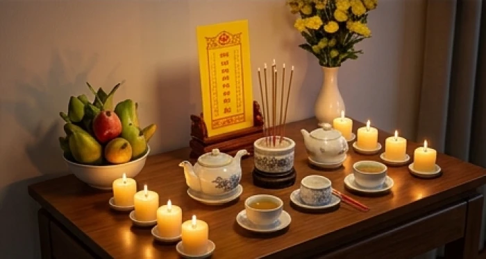 Mâm cúng sao giải hạn La Hầu trang nghiêm với bài vị màu vàng, trà quả và nến thắp sáng theo sơ đồ truyền thống