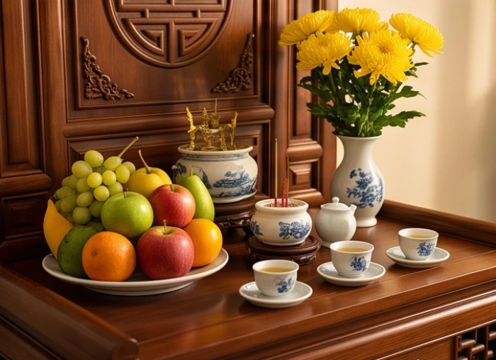 Đĩa trái cây ngũ sắc cùng lọ hoa cúc vàng tươi đắp đầy đặn trên bàn thờ nghi lễ trang trọng