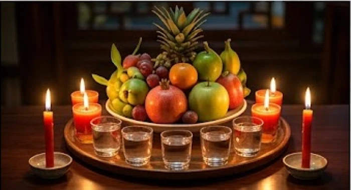 Mâm lễ vật cúng nghênh sao Thủy Diệu với tông màu đen và xanh dương chủ đạo cùng 7 ngọn nến sắp xếp đúng sơ đồ