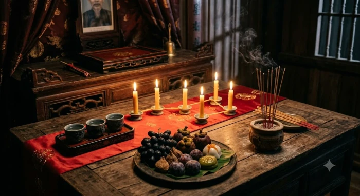Bàn lễ cúng sao Thủy Diệu với bảy ngọn nến xếp hình Bắc Đẩu và sớ đen hướng về phương Bắc
