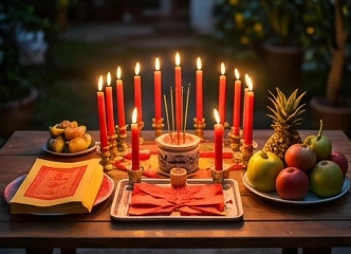 Mâm lễ cúng sao Vân Hớn được chuẩn bị trang nghiêm với nến đỏ hương hoa quả và bài vị giấy đỏ đặt trên chiếc bàn gỗ